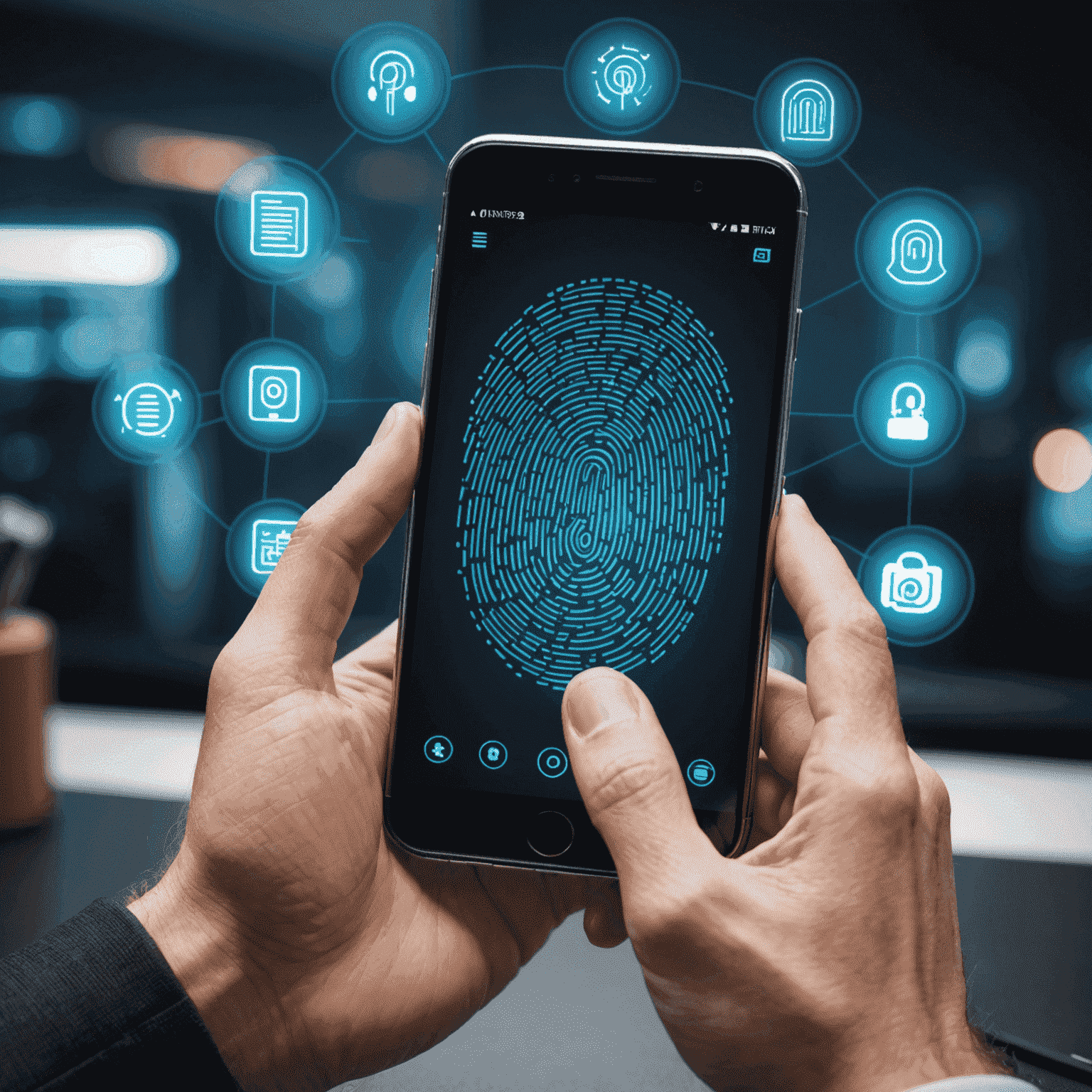 Akıllı telefonda parmak izi taraması yapılıyor, arka planda dijital güvenlik simgeleri var